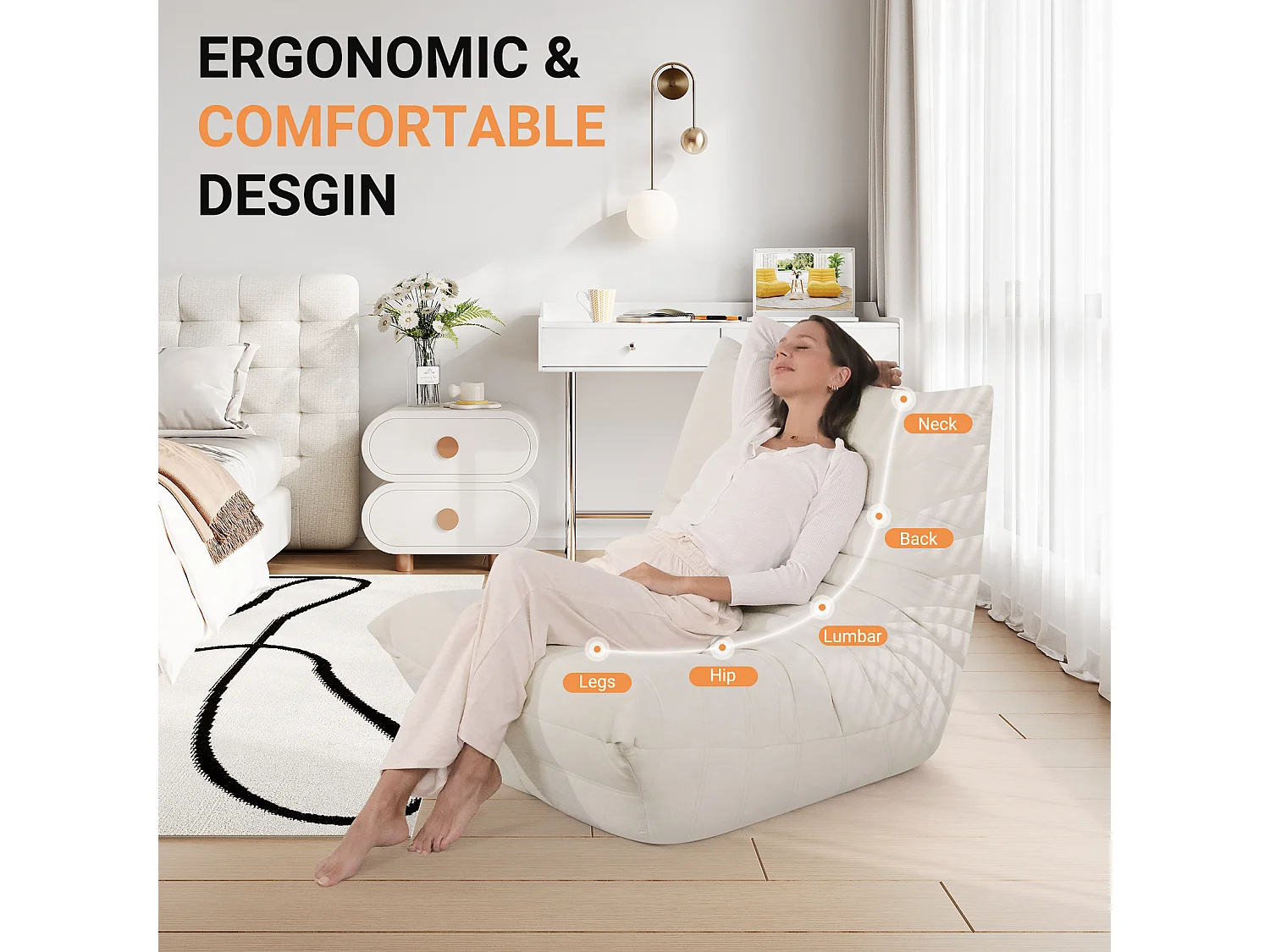 Luiestoel in Chenille-stof beige - Diepe stoel 62 cm - 80x85x84cm