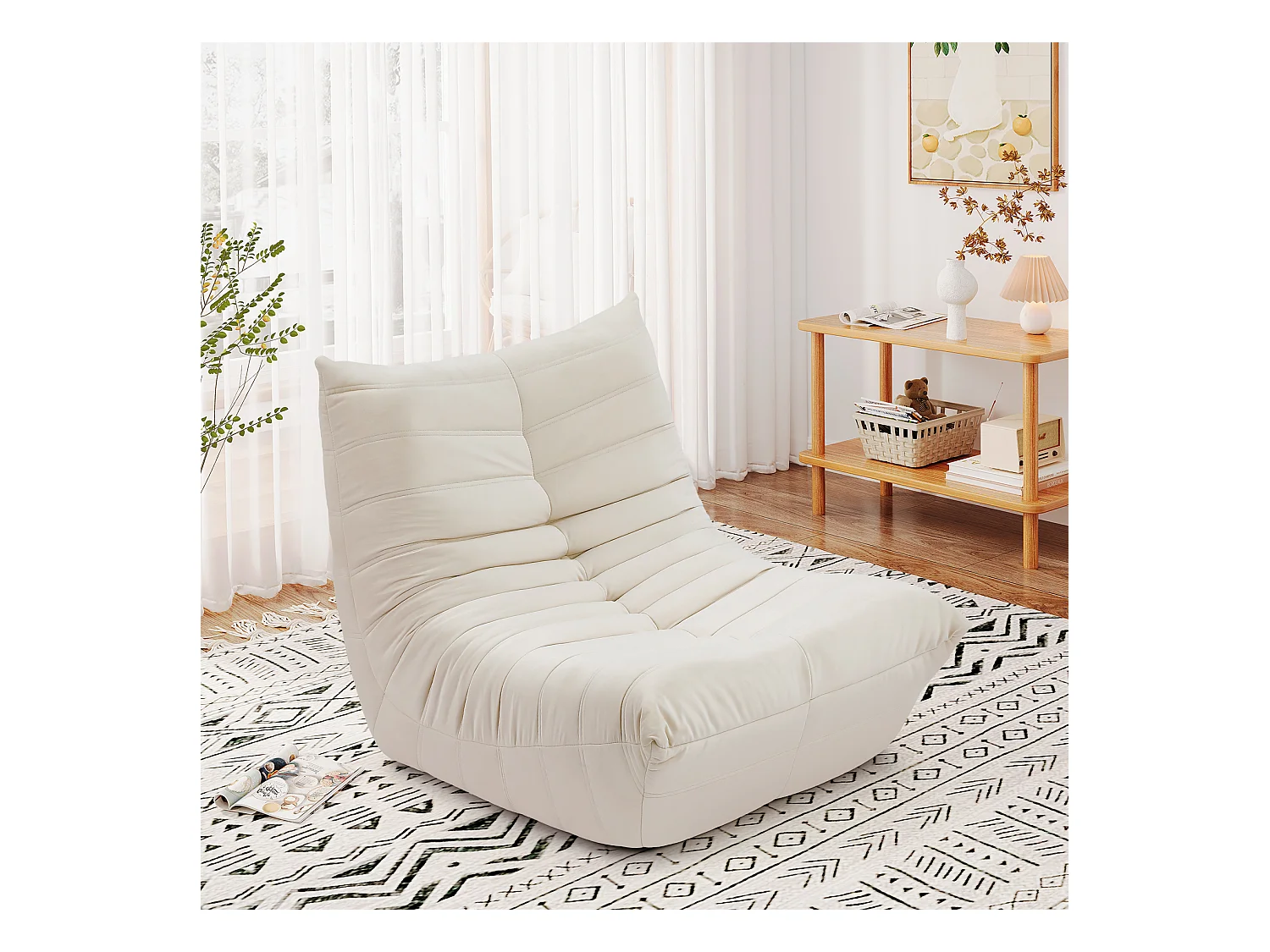 Fauteuil paresseux en tissu Chenille beige - assise profonde 62cm - 80x85x84cm