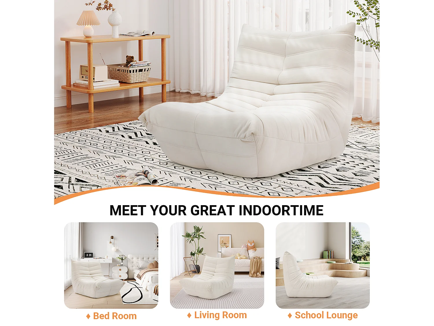 Fauteuil paresseux en tissu Chenille beige - assise profonde 62cm - 80x85x84cm