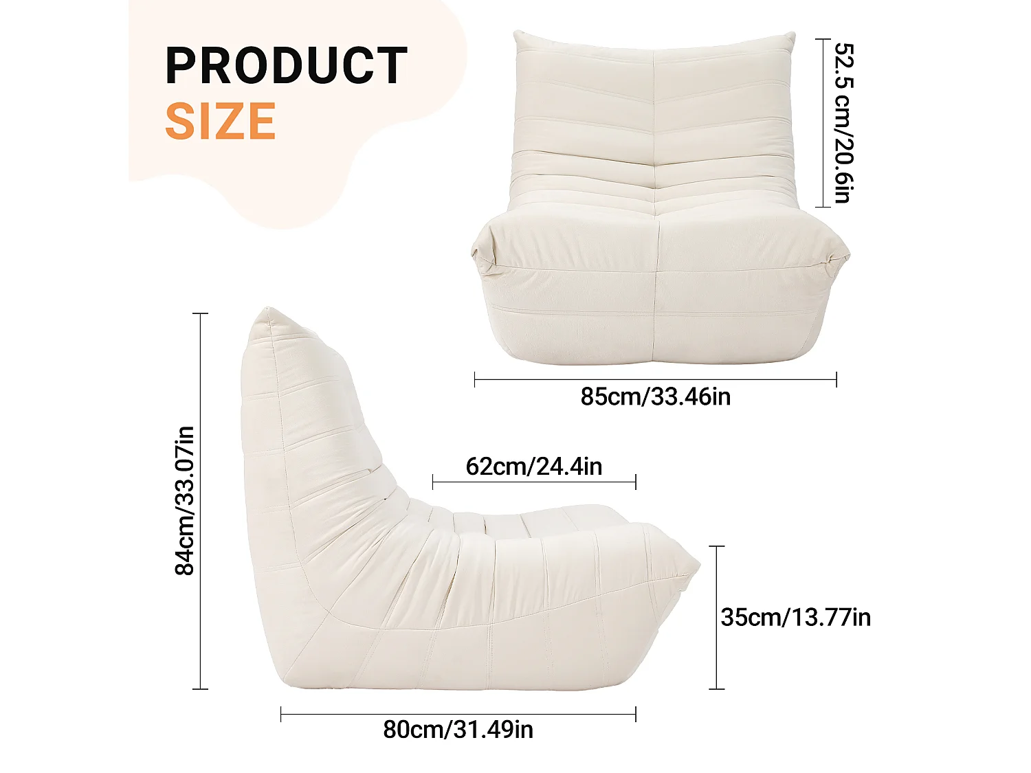 Fauteuil paresseux en tissu Chenille beige - assise profonde 62cm - 80x85x84cm