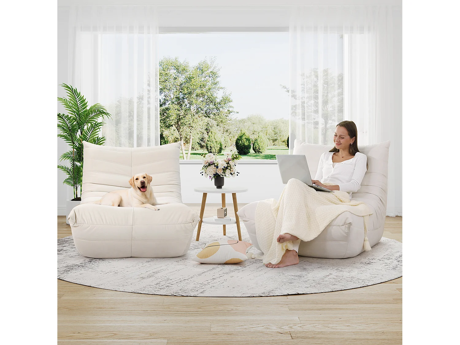 Fauteuil paresseux en tissu Chenille beige - assise profonde 62cm - 80x85x84cm