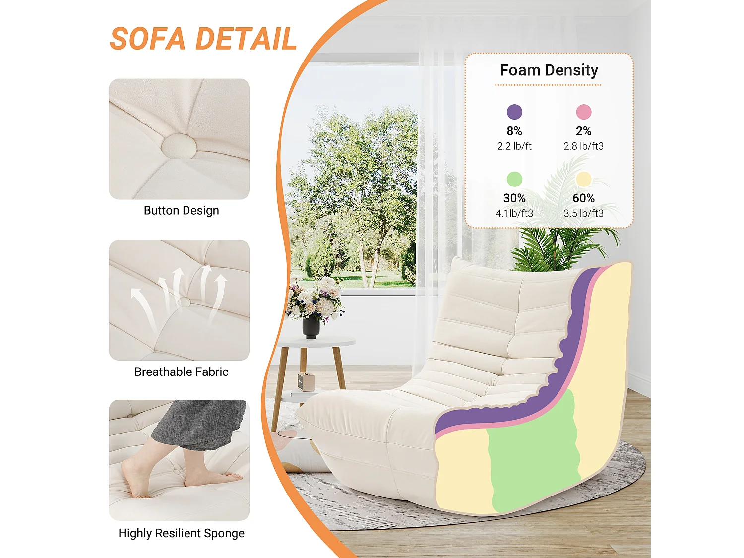 Fauteuil paresseux en tissu Chenille beige - assise profonde 62cm - 80x85x84cm