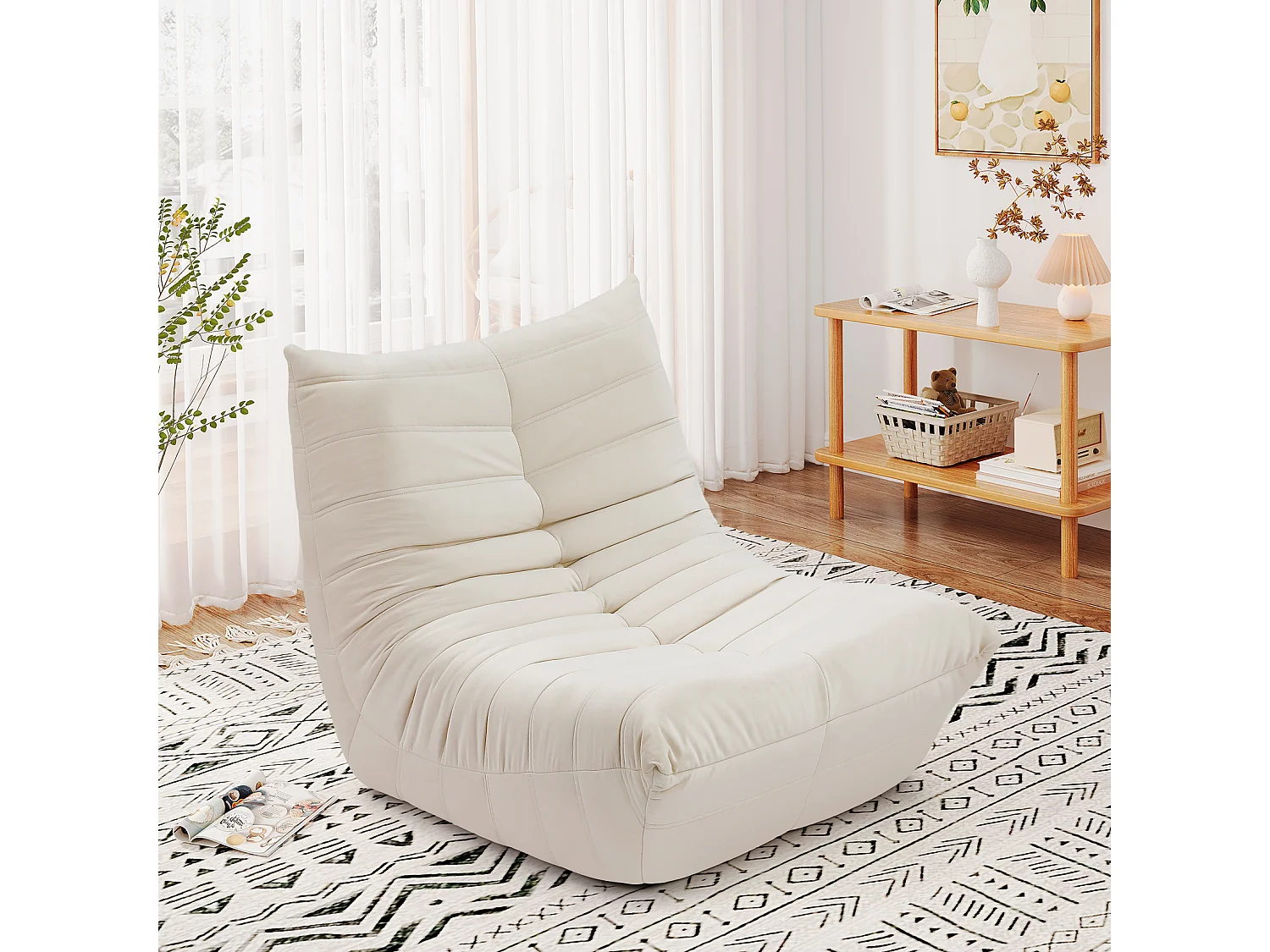 Fauteuil paresseux en tissu Chenille beige - assise profonde 62cm - 80x85x84cm