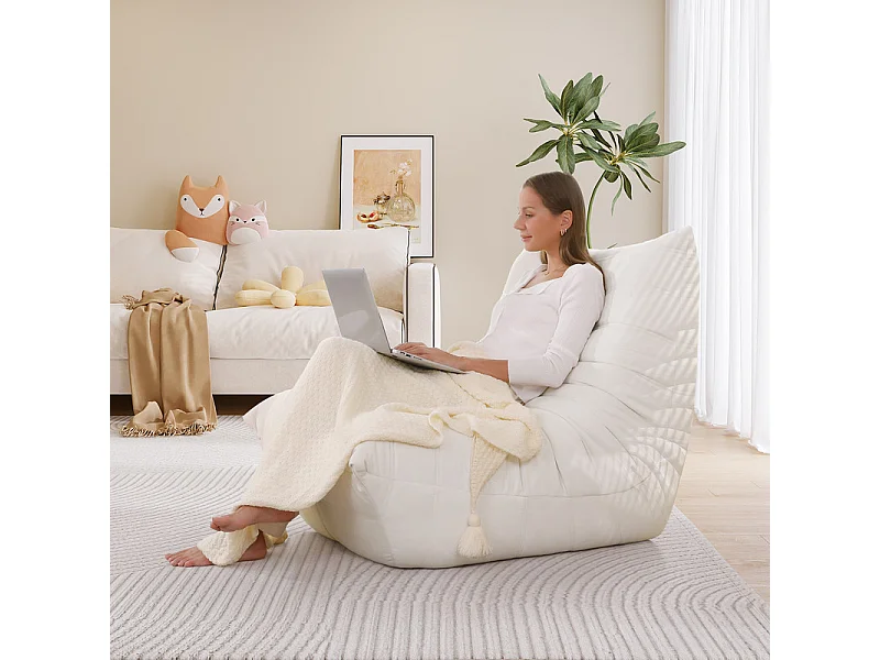 Fauteuil paresseux en tissu Chenille beige - assise profonde 62cm - 80x85x84cm