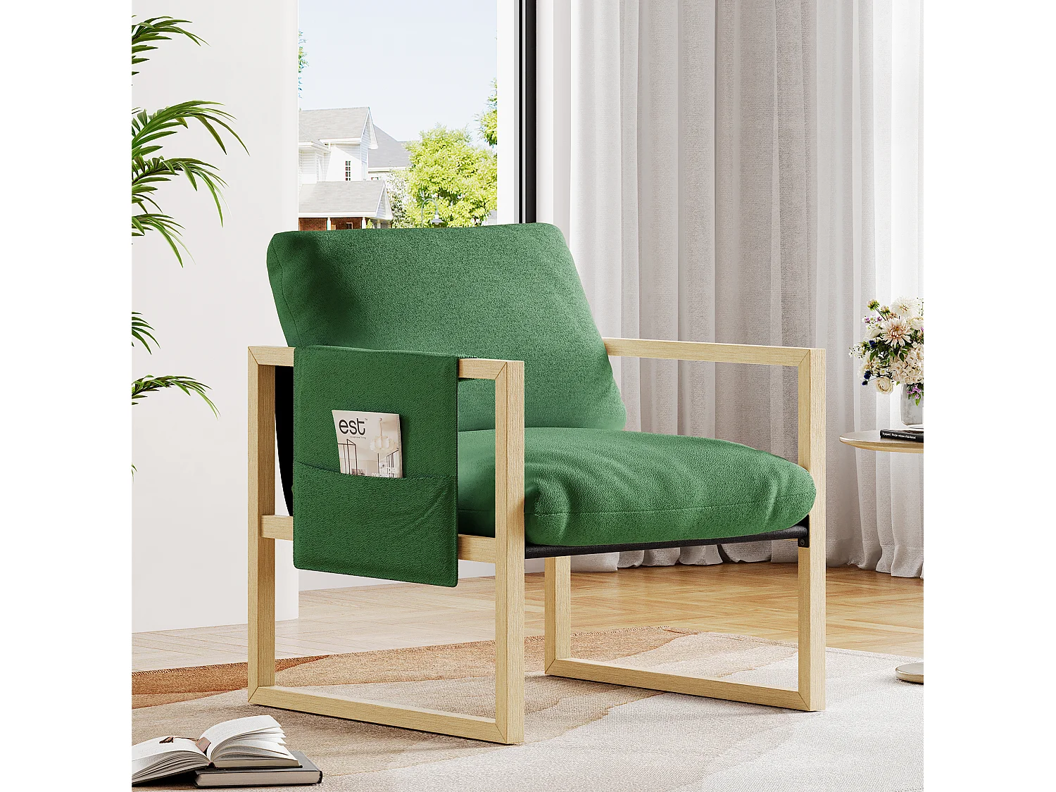 Relaxfauteuil - Scandinavische fauteuil - Gewatteerde fauteuil in sherpastof - ergonomisch - Massief hout - Groen - 79x68x83CM