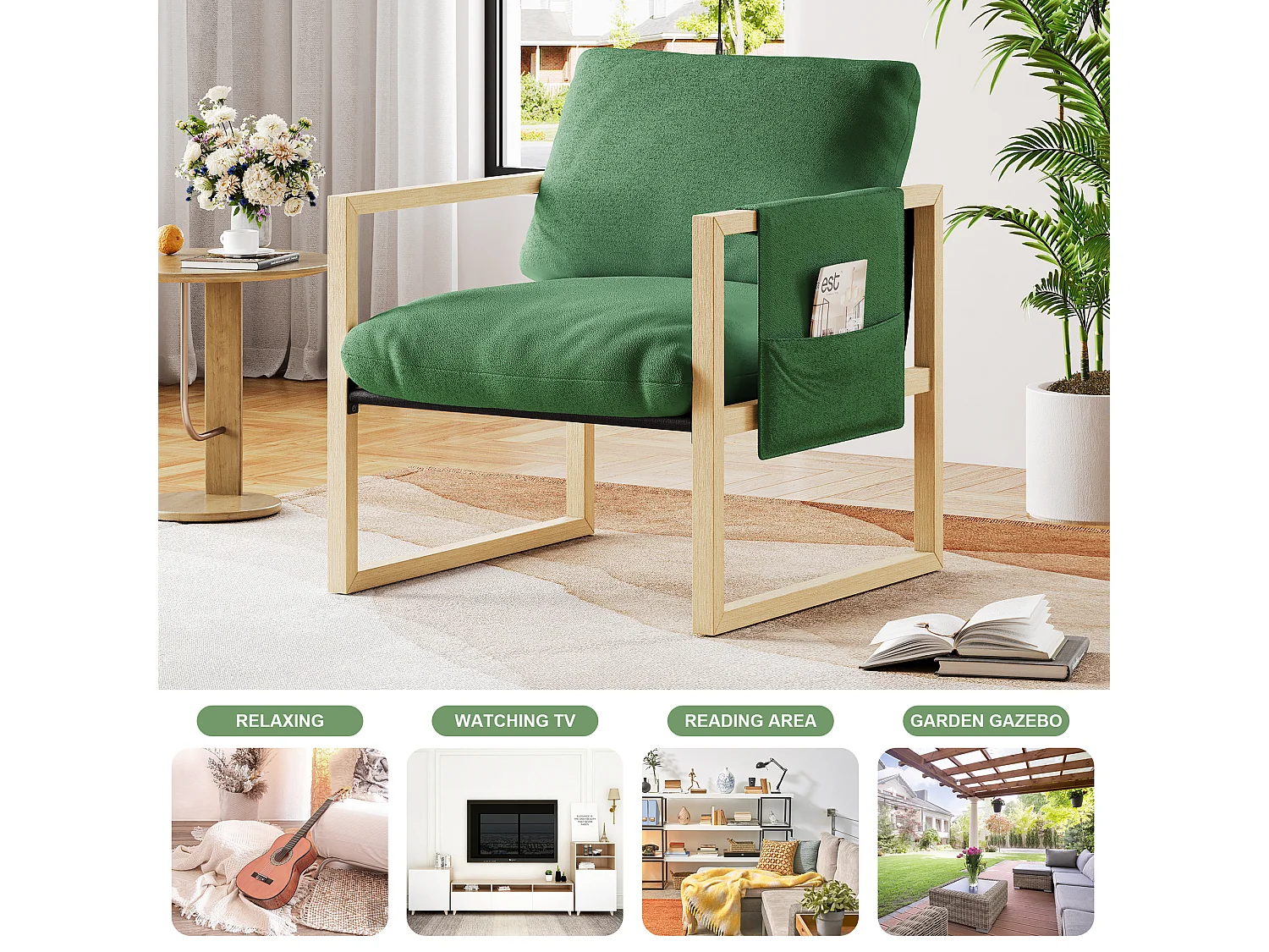 Relaxfauteuil - Scandinavische fauteuil - Gewatteerde fauteuil in sherpastof - ergonomisch - Massief hout - Groen - 79x68x83CM