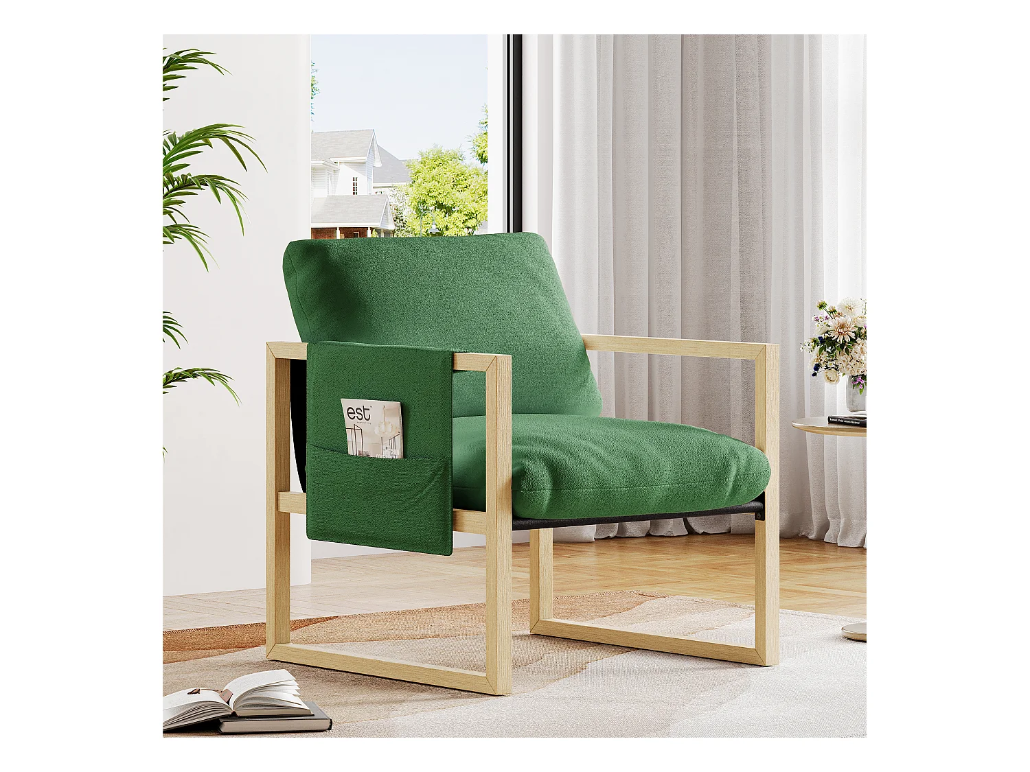 Entspannter Sessel - skandinavischer Sessel - verpackter Sessel im Sherpa -Stoff - Ergonomisch - Massivholz - Grün - 79x68x83cm
