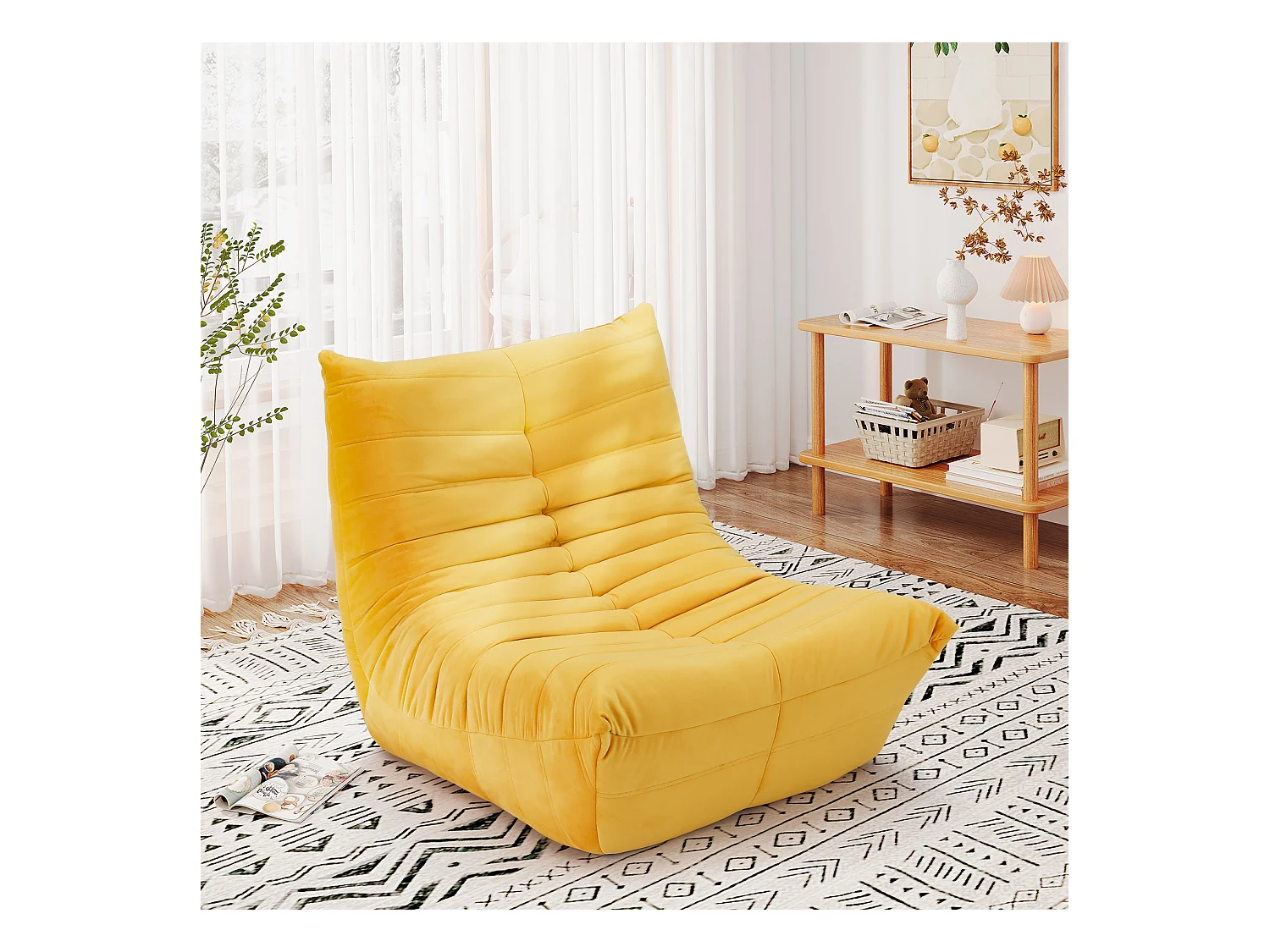 Fauteuil paresseux en tissu Chenille jaune - assise profonde 62cm - 80x85x84cm