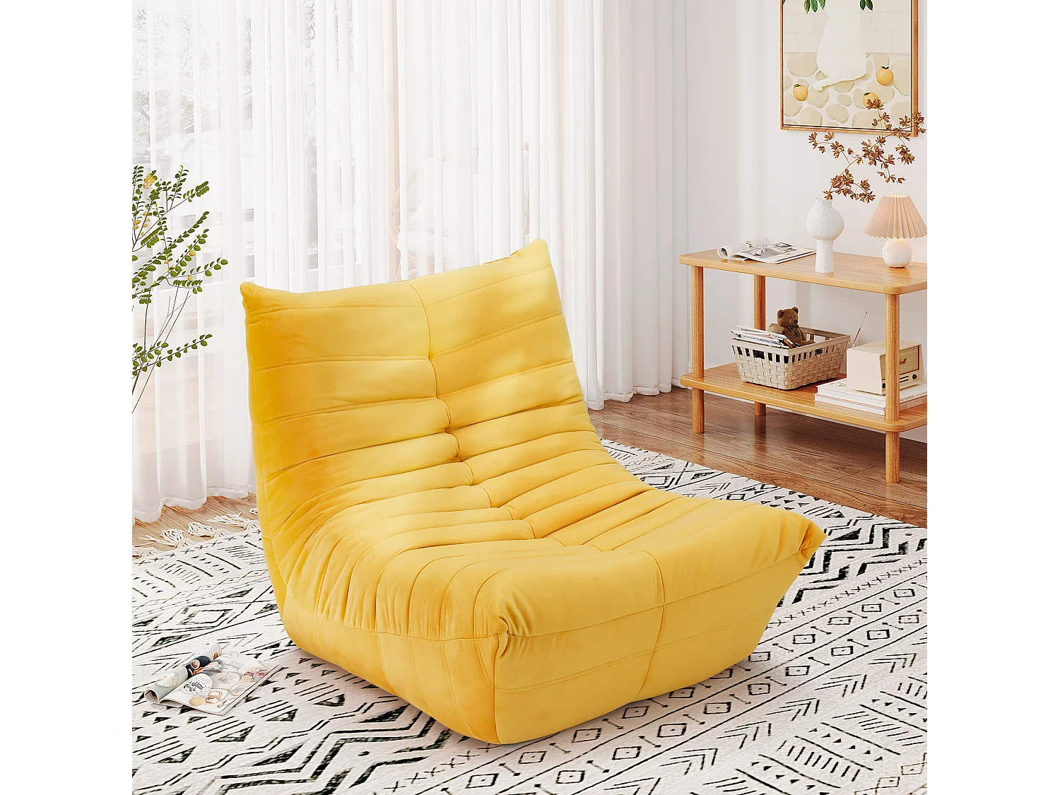 Fauteuil paresseux en tissu Chenille jaune - assise profonde 62cm - 80x85x84cm