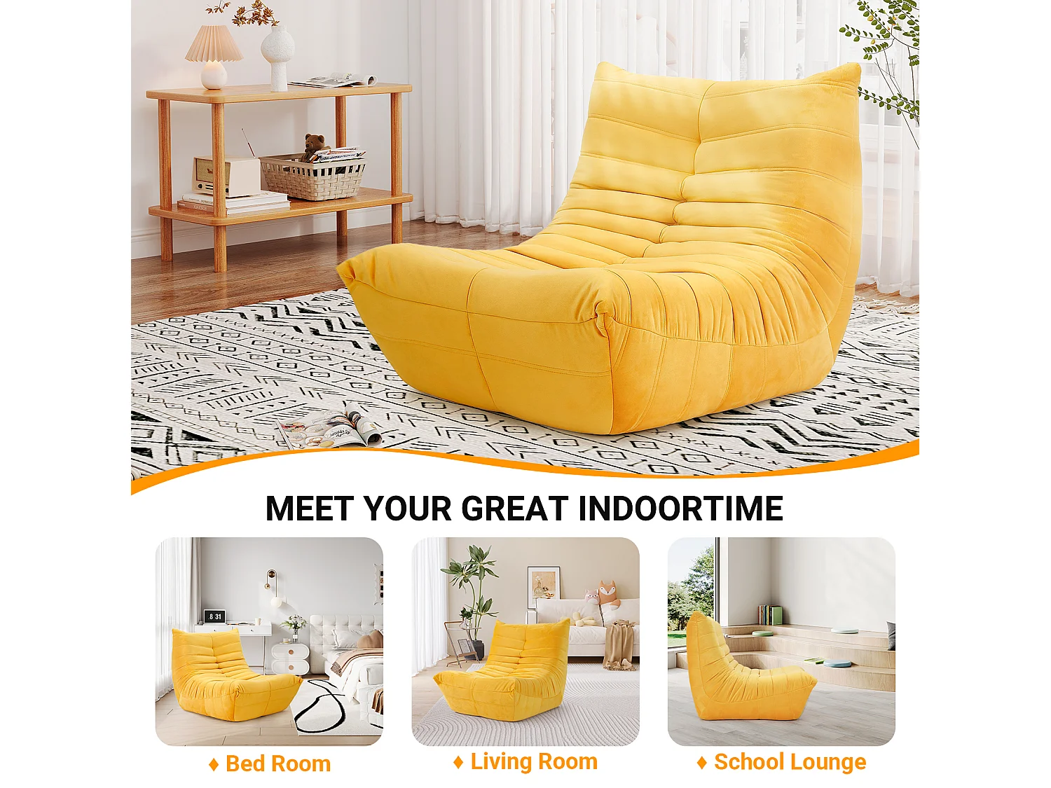 Fauteuil paresseux en tissu Chenille jaune - assise profonde 62cm - 80x85x84cm