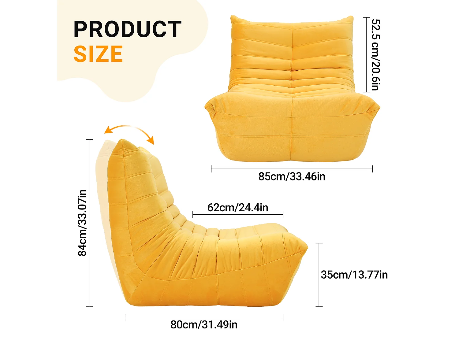 Fauteuil paresseux en tissu Chenille jaune - assise profonde 62cm - 80x85x84cm