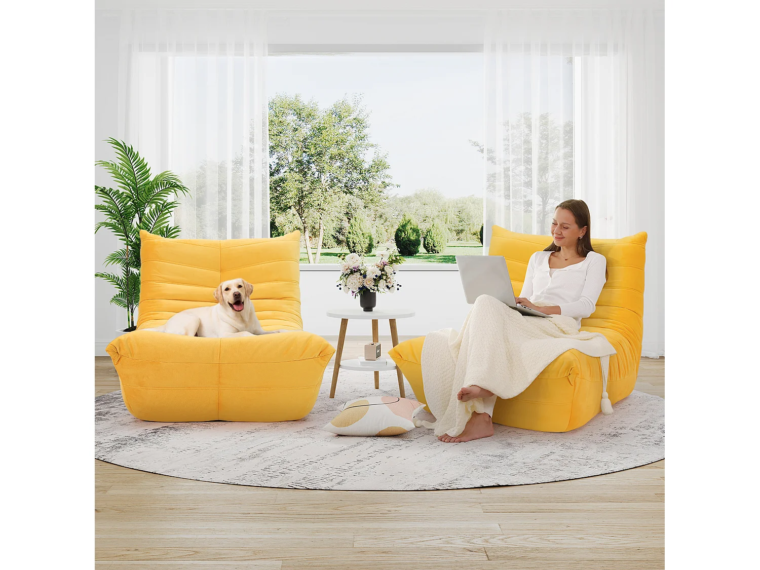 Fauteuil paresseux en tissu Chenille jaune - assise profonde 62cm - 80x85x84cm