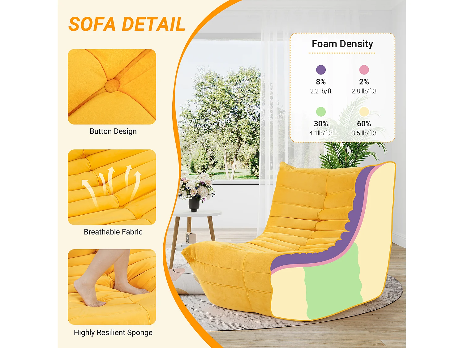 Fauteuil paresseux en tissu Chenille jaune - assise profonde 62cm - 80x85x84cm