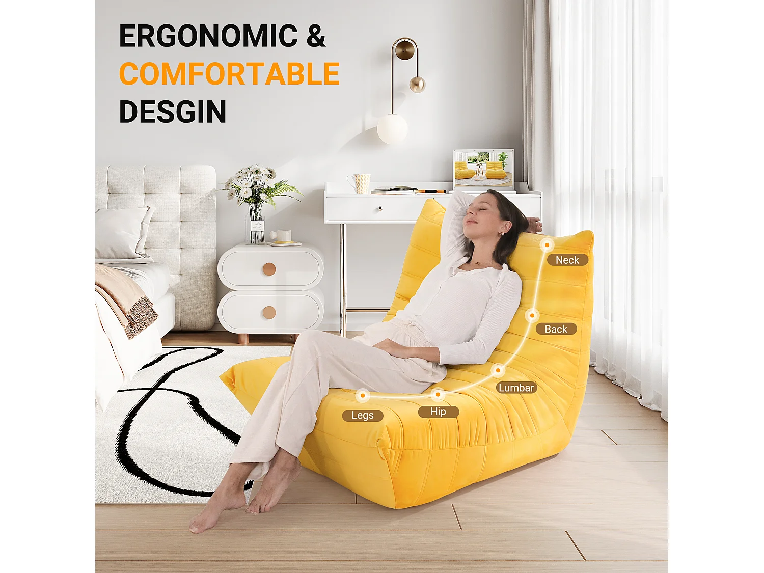 Fauteuil paresseux en tissu Chenille jaune - assise profonde 62cm - 80x85x84cm