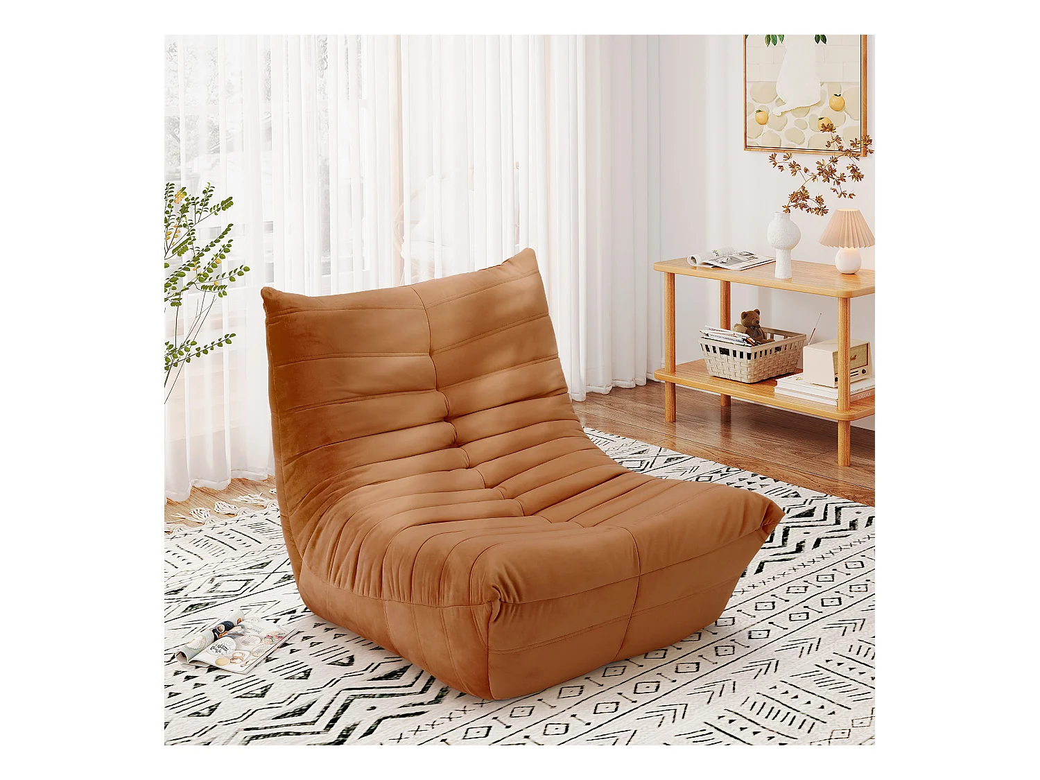 Fauteuil paresseux en tissu Chenille marron - assise profonde 62cm - 80x85x84cm