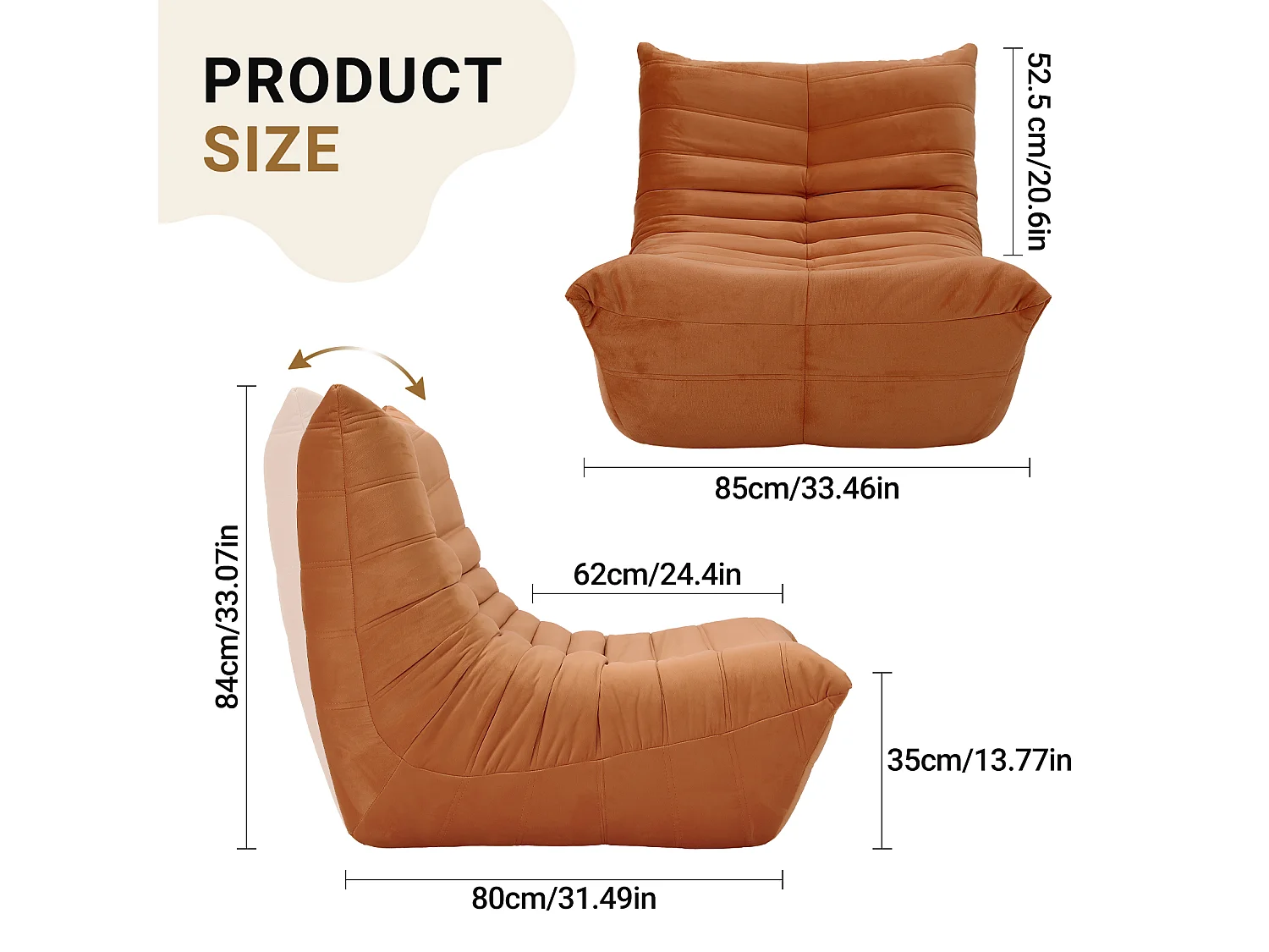 Fauteuil paresseux en tissu Chenille marron - assise profonde 62cm - 80x85x84cm