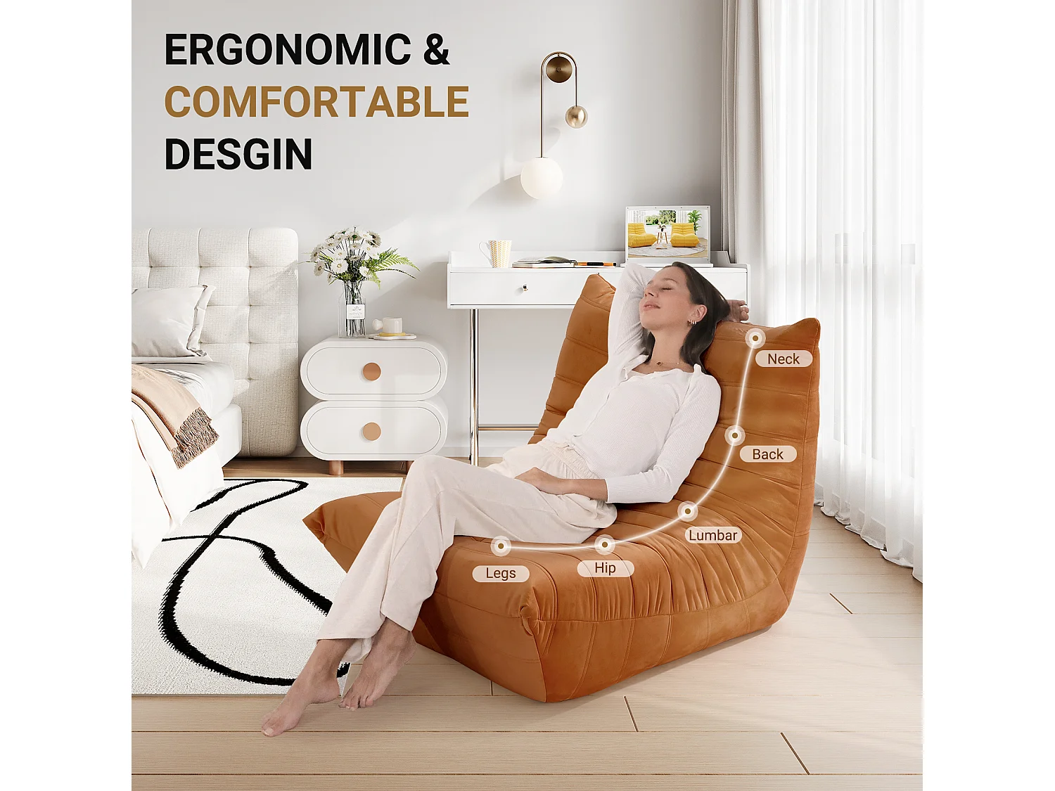 Fauteuil paresseux en tissu Chenille marron - assise profonde 62cm - 80x85x84cm