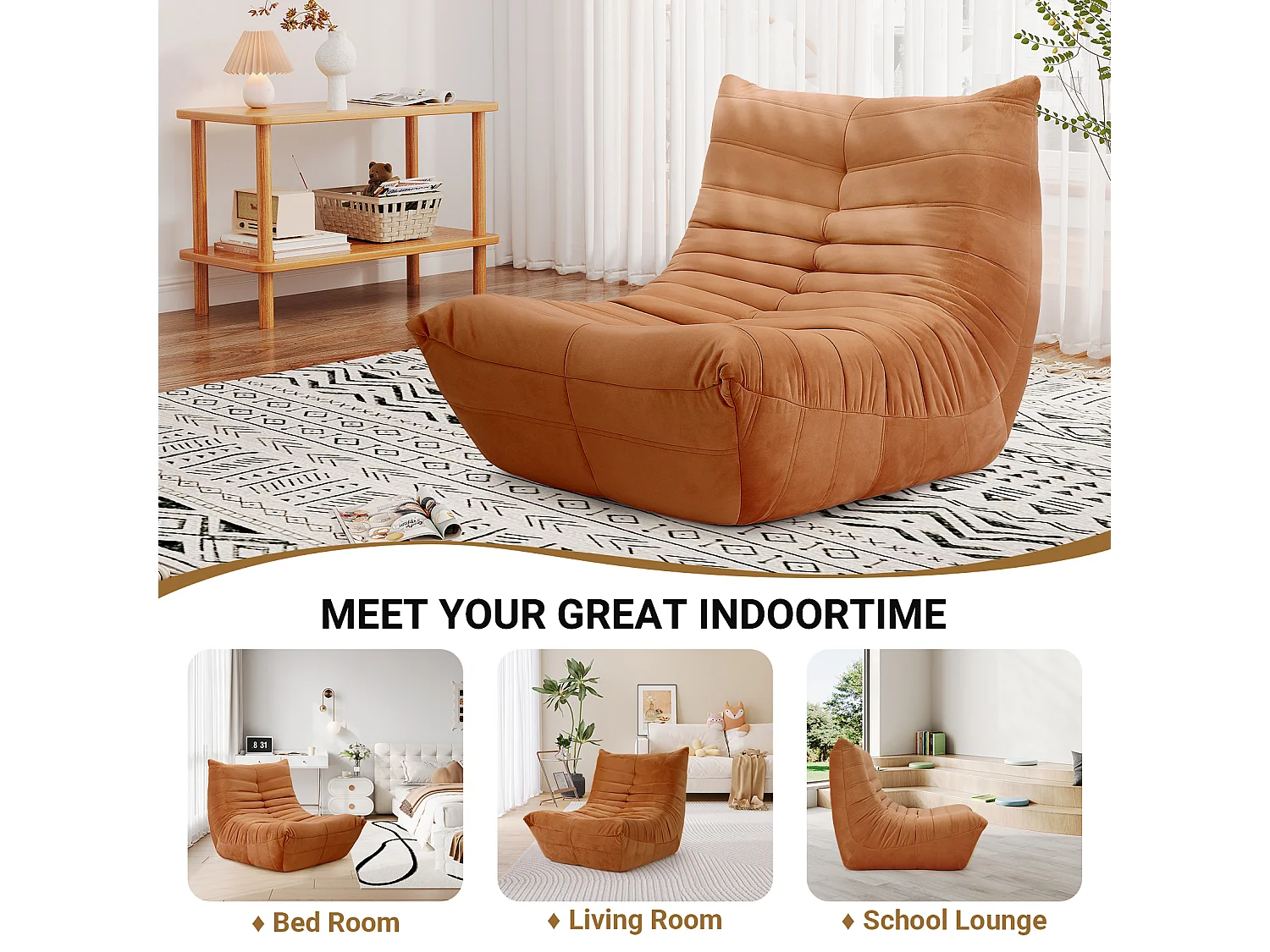 Fauteuil paresseux en tissu Chenille marron - assise profonde 62cm - 80x85x84cm