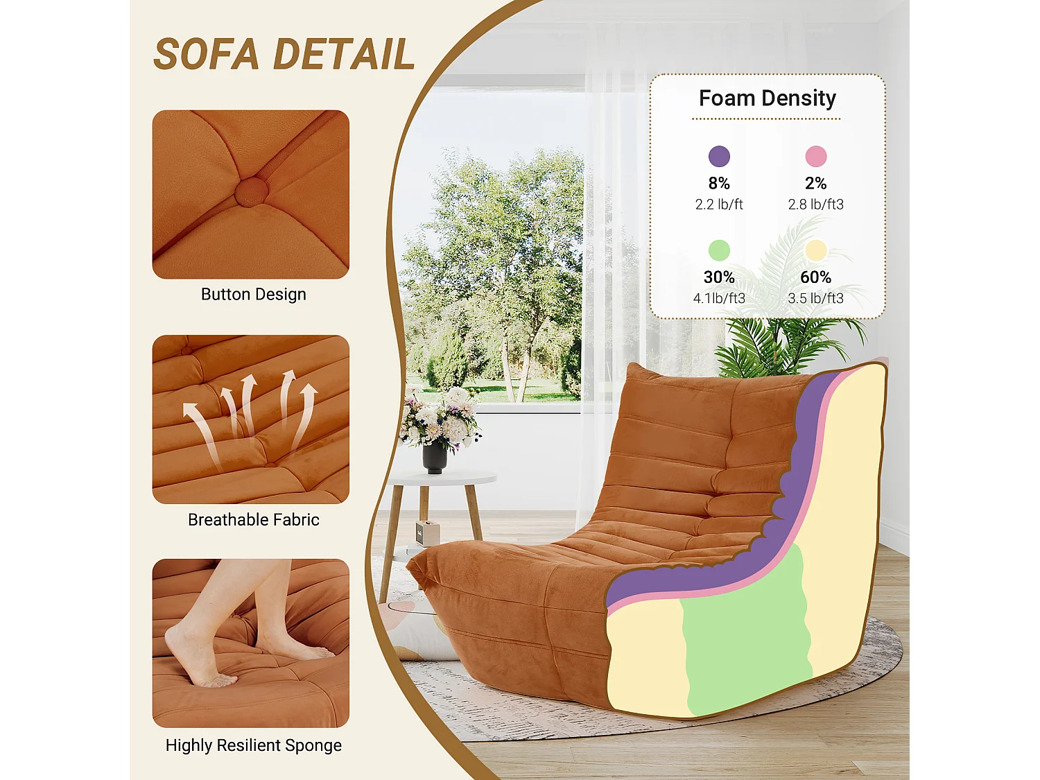 Fauteuil paresseux en tissu Chenille marron - assise profonde 62cm - 80x85x84cm