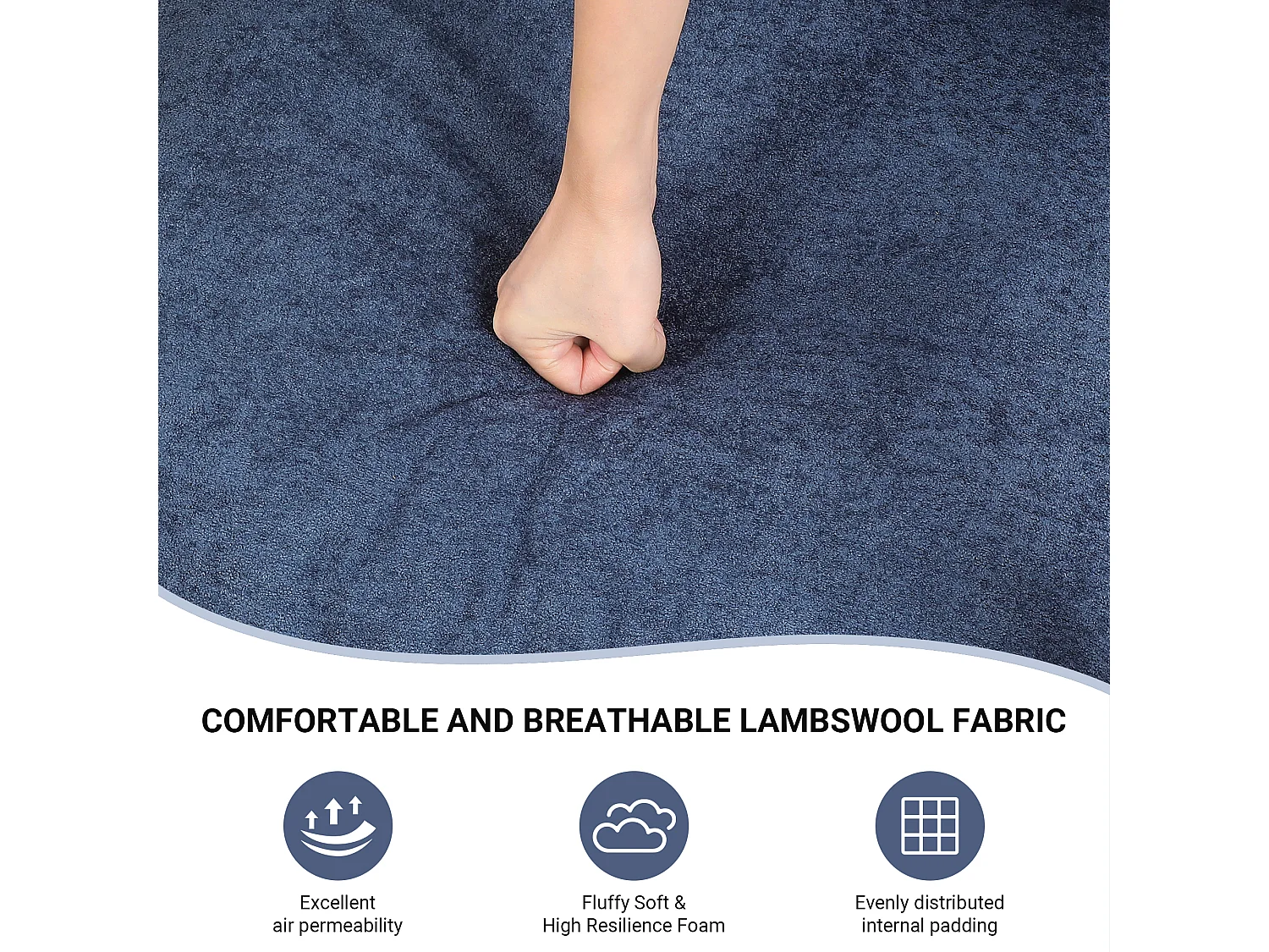 Polvetta imbottita con legno massiccio, con sedile denso, per soggiorno e camera da letto, tessuto Sherpa - 79x68x83cm - blu - blu - blu