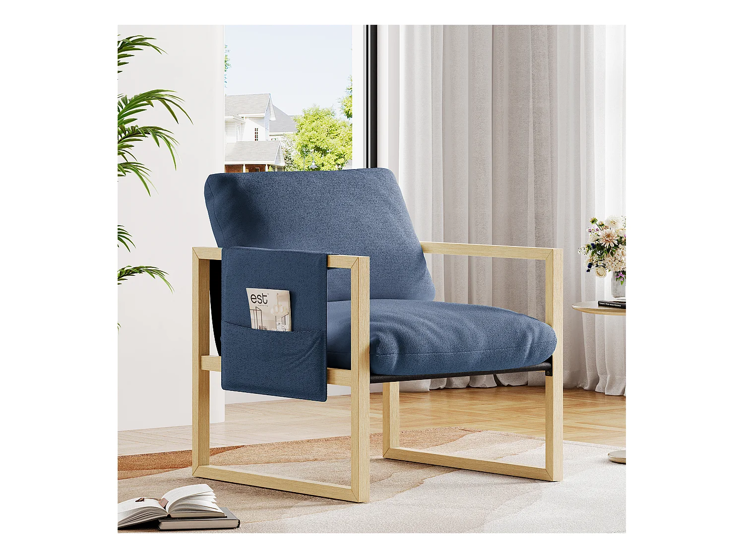 Gepolsterter Sessel mit massivem Holz, dickem Sitz, Wohnzimmer und Schlafzimmer, Sherpa -Stoff - 79x68x83cm - Blau