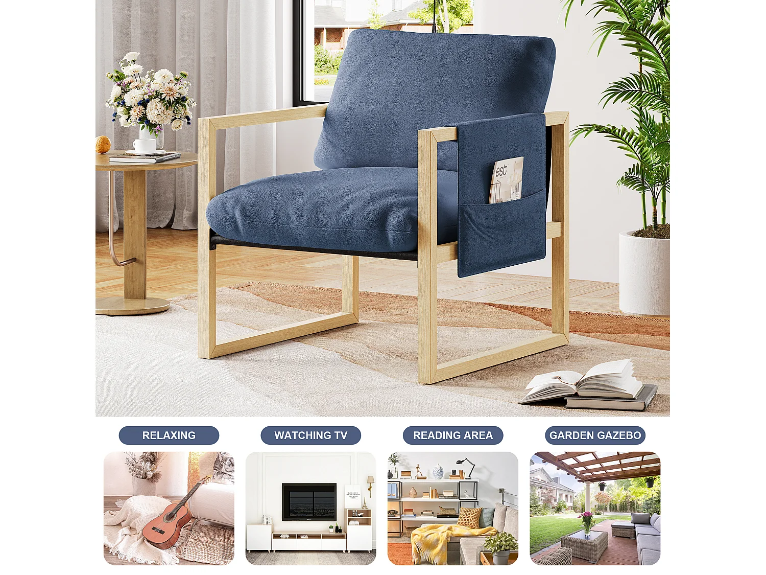 Gestoffeerde fauteuil met massief houten poot, met dikke zitting, voor woon- en slaapkamer, sherpa stof - 79x68x83CM - Blauw