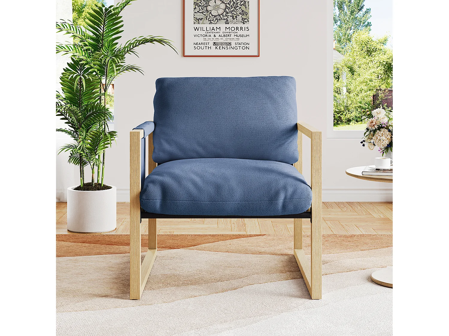 Gestoffeerde fauteuil met massief houten poot, met dikke zitting, voor woon- en slaapkamer, sherpa stof - 79x68x83CM - Blauw