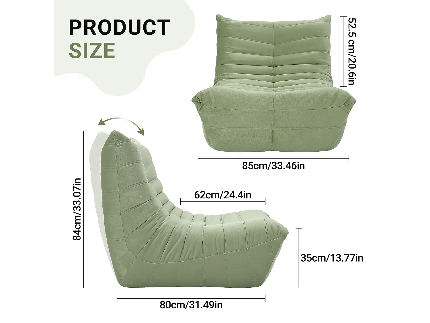 Poltrona sacco in tessuto Chenille verde - sedile profondo 62 cm - 80x85x84cm