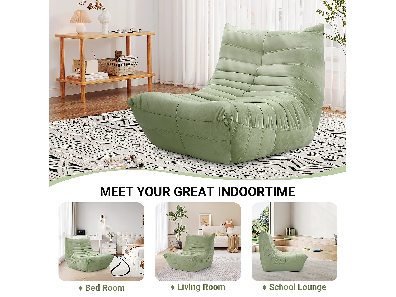 Poltrona sacco in tessuto Chenille verde - sedile profondo 62 cm - 80x85x84cm