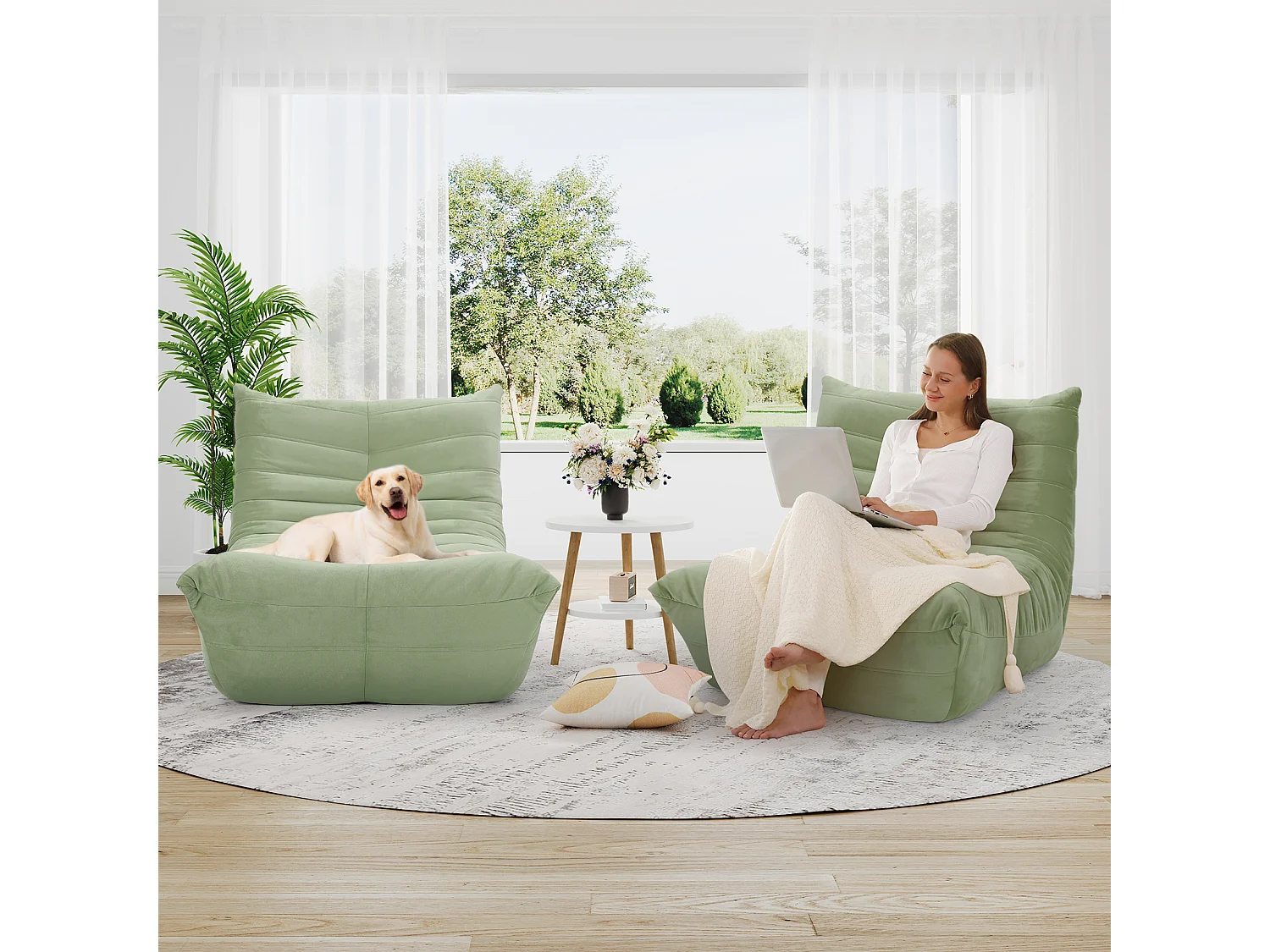 Poltrona sacco in tessuto Chenille verde - sedile profondo 62 cm - 80x85x84cm