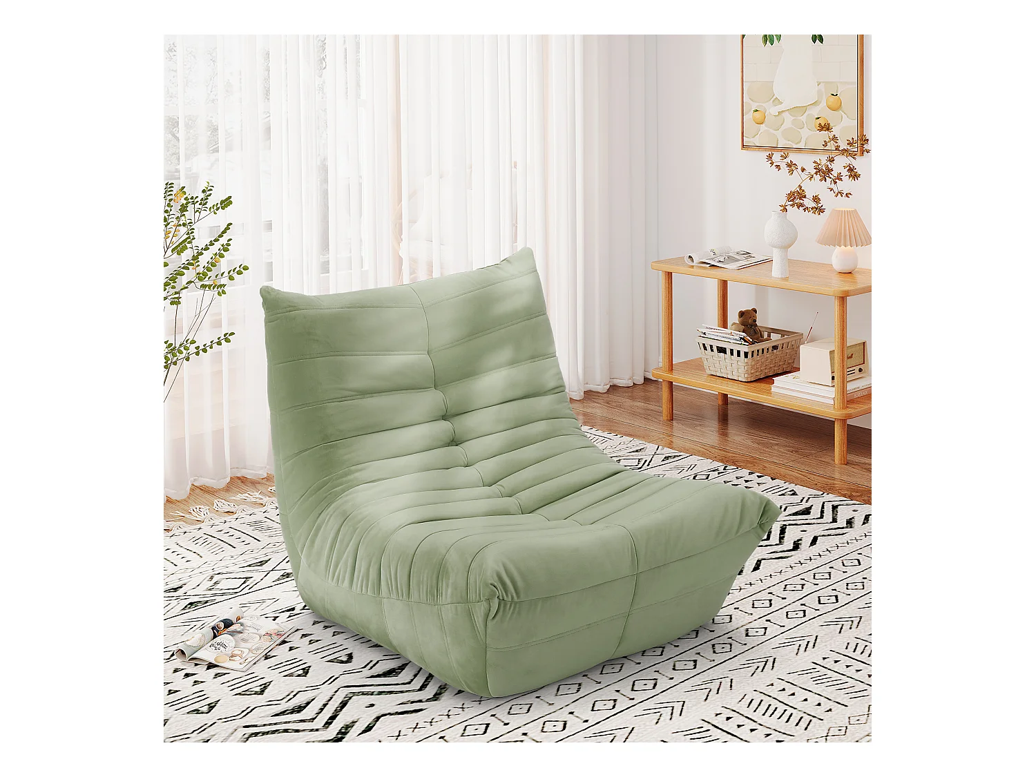 Fauteuil paresseux en tissu Chenille vert - assise profonde 62cm - 80x85x84cm