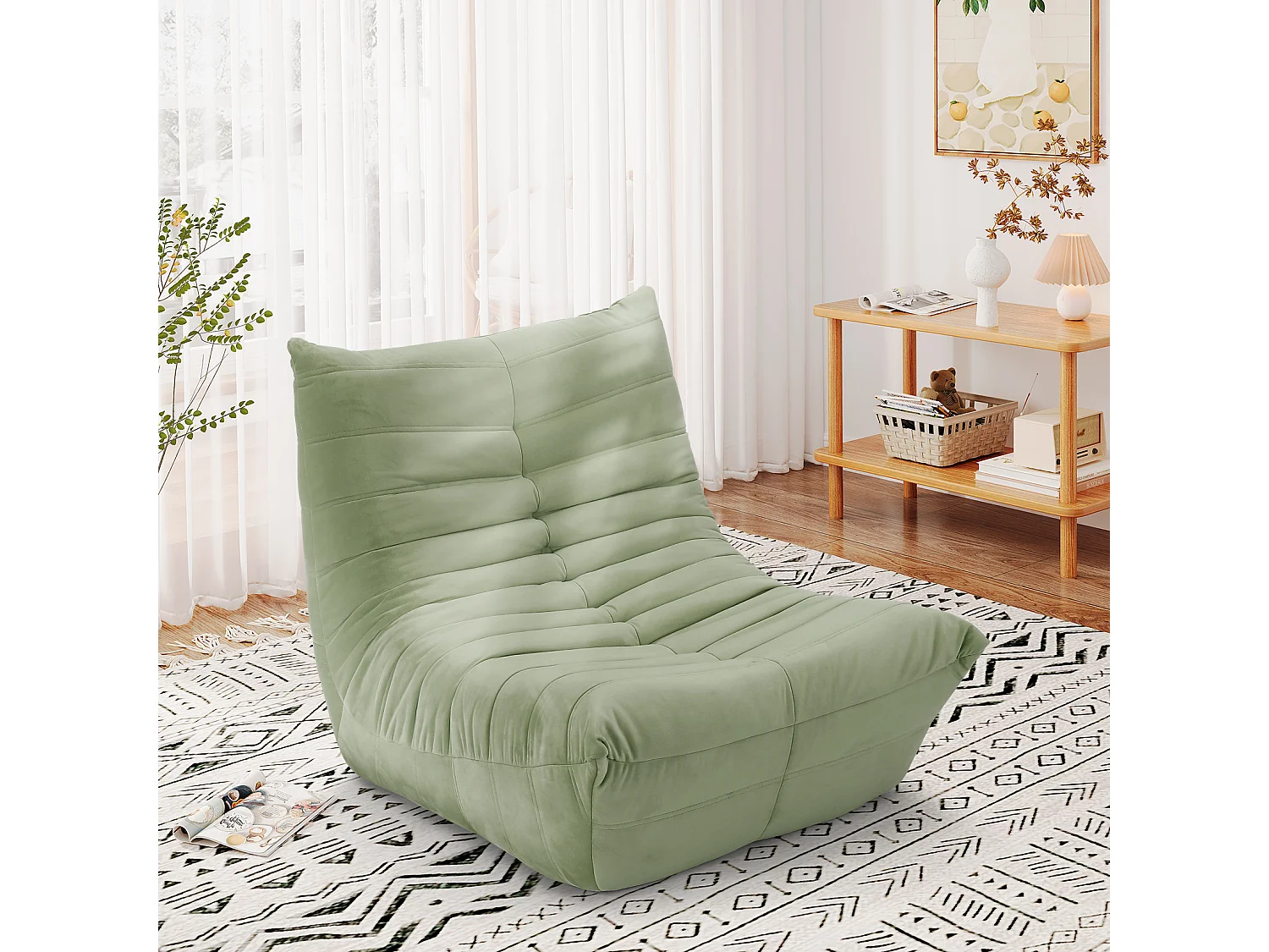 Fauteuil paresseux en tissu Chenille vert - assise profonde 62cm - 80x85x84cm