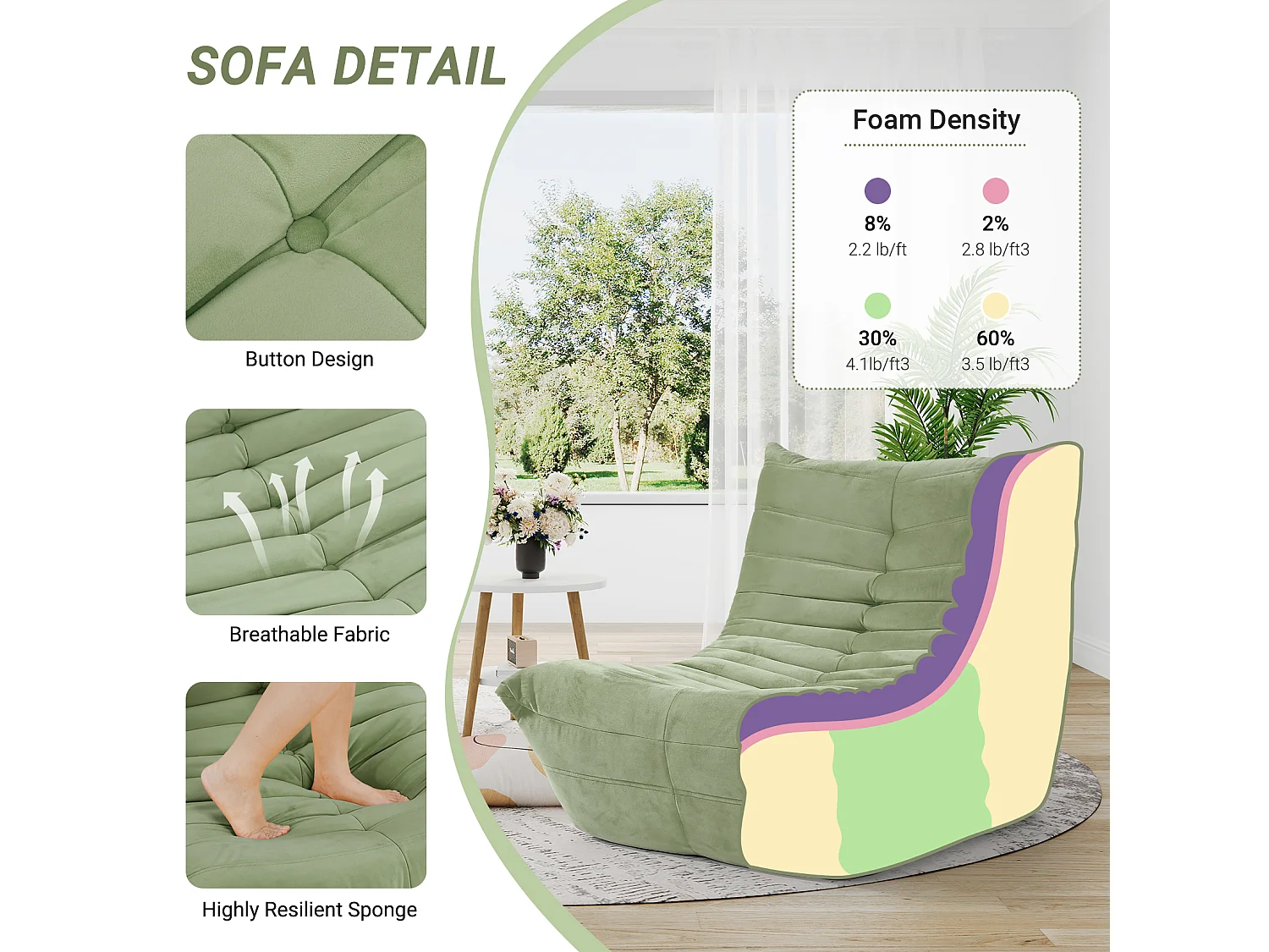 Fauteuil paresseux en tissu Chenille vert - assise profonde 62cm - 80x85x84cm