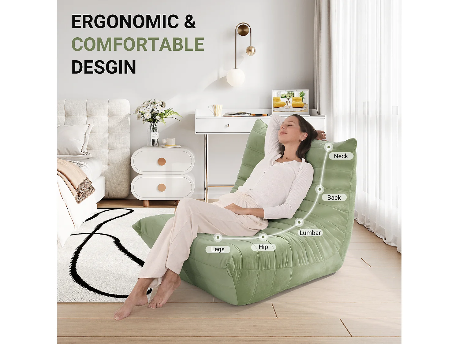 Fauteuil paresseux en tissu Chenille vert - assise profonde 62cm - 80x85x84cm