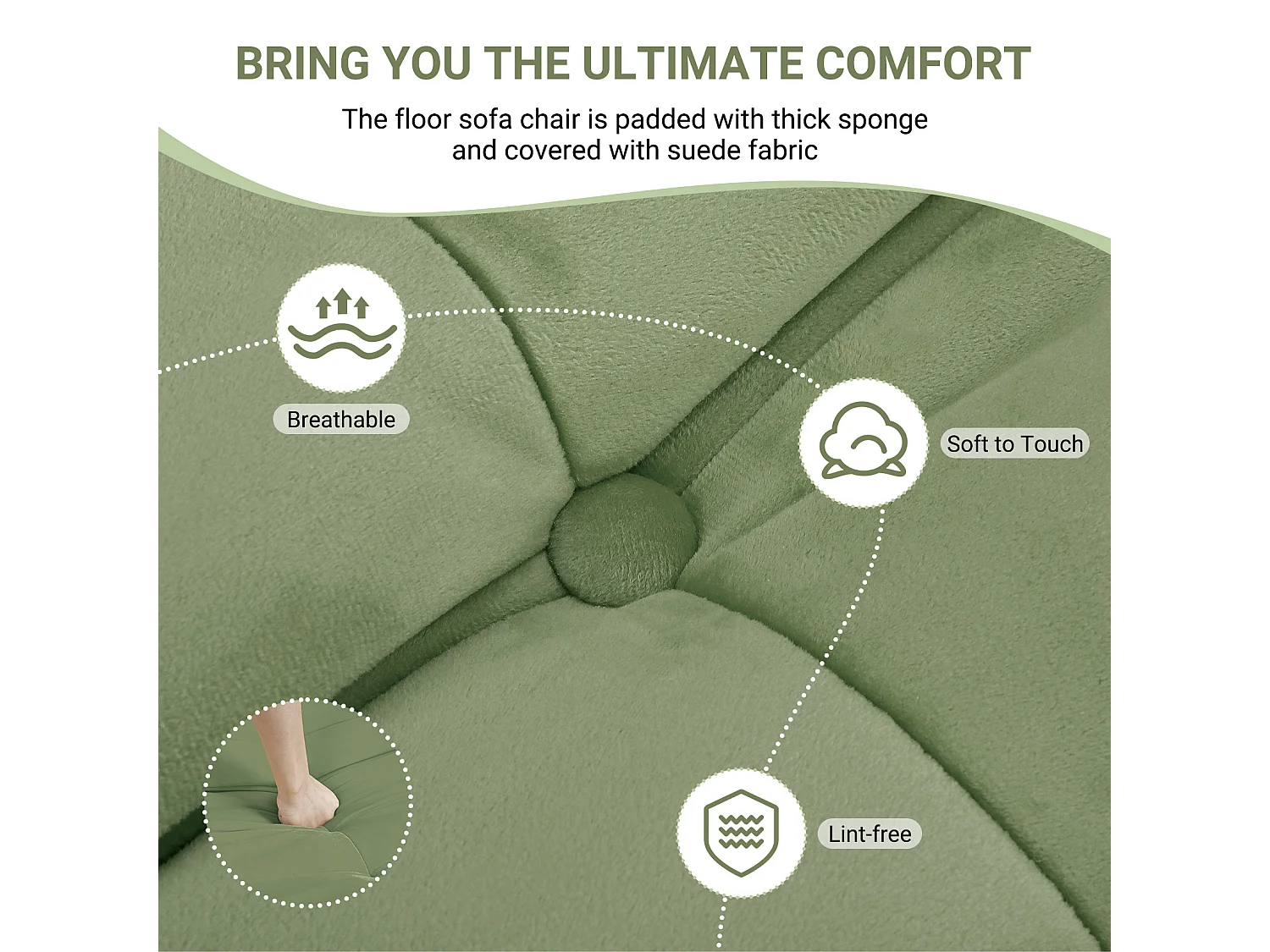 Fauteuil paresseux en tissu Chenille vert - assise profonde 62cm - 80x85x84cm