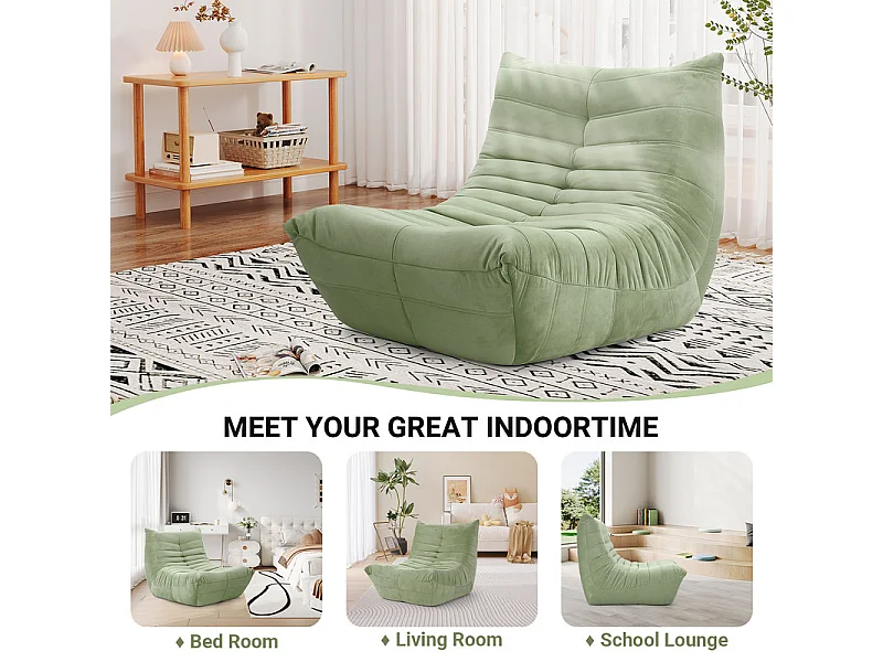 Fauteuil paresseux en tissu Chenille vert - assise profonde 62cm - 80x85x84cm