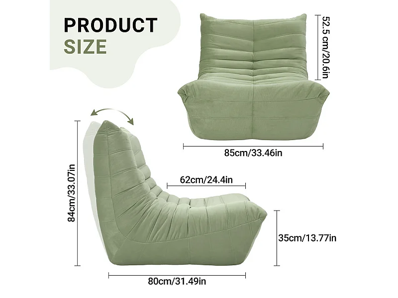 Fauteuil paresseux en tissu Chenille vert - assise profonde 62cm - 80x85x84cm