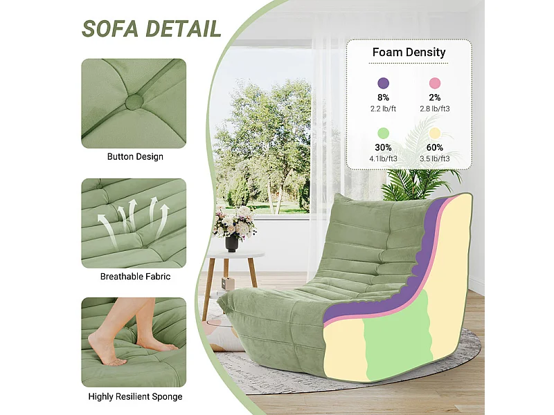 Fauteuil paresseux en tissu Chenille vert - assise profonde 62cm - 80x85x84cm