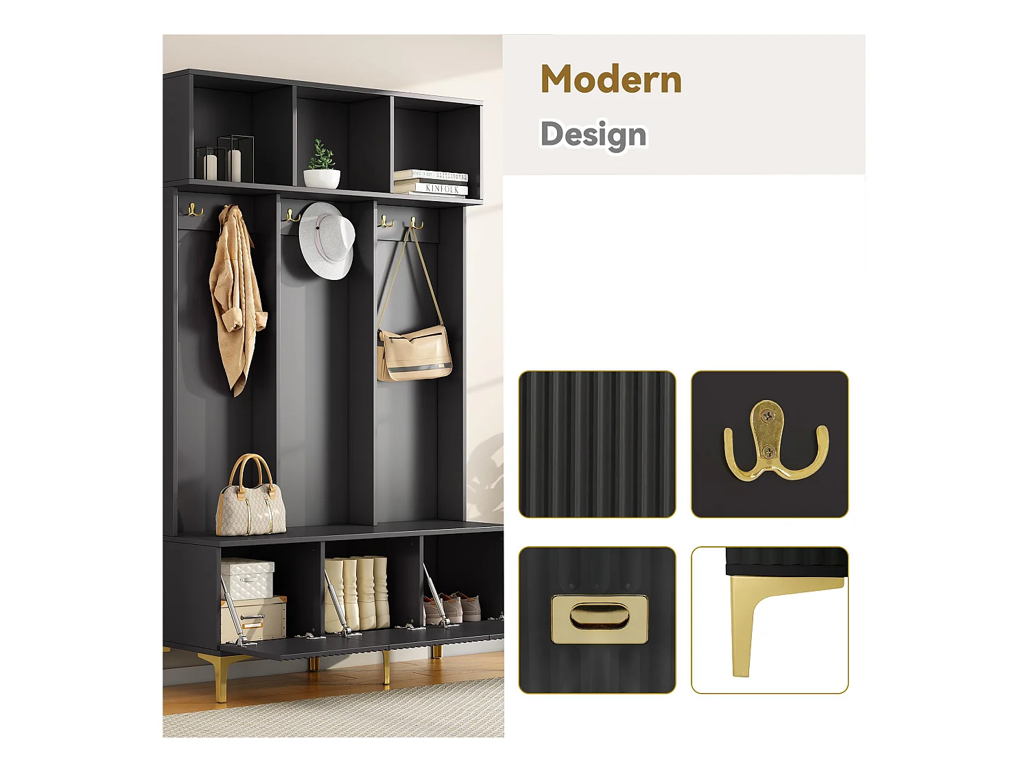 Moderne Eingangsgarderobe – mit Garderobe und Schuhablage – Schwarz