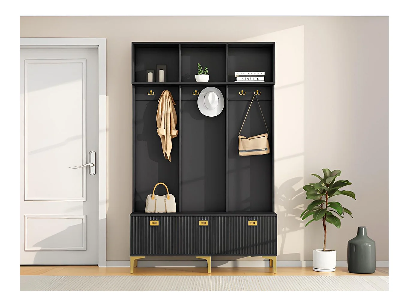 Vestiaire d'entrée moderne - avec porte-manteau et rangements à chaussures - Noir