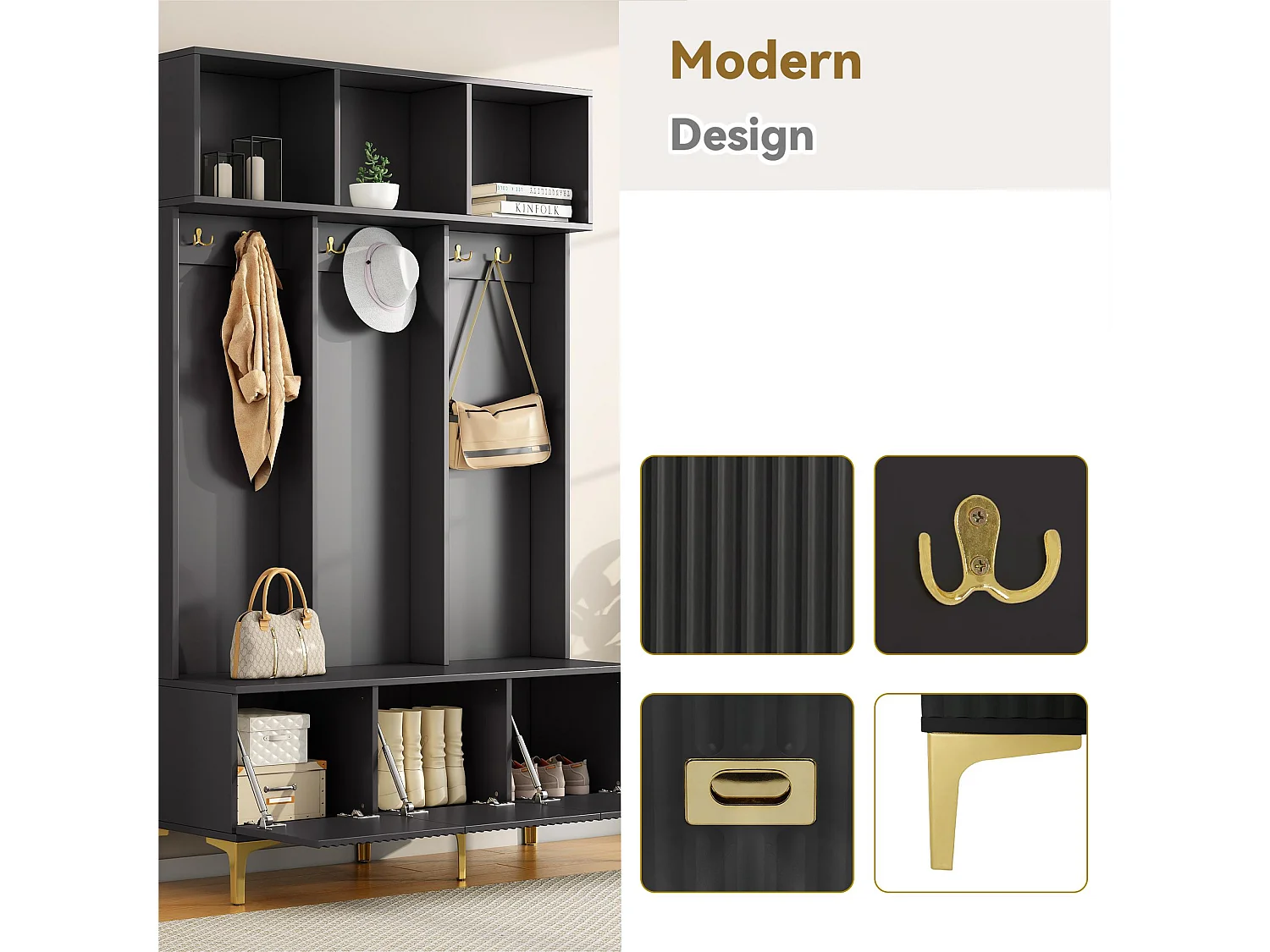 Vestiaire d'entrée moderne - avec porte-manteau et rangements à chaussures - Noir