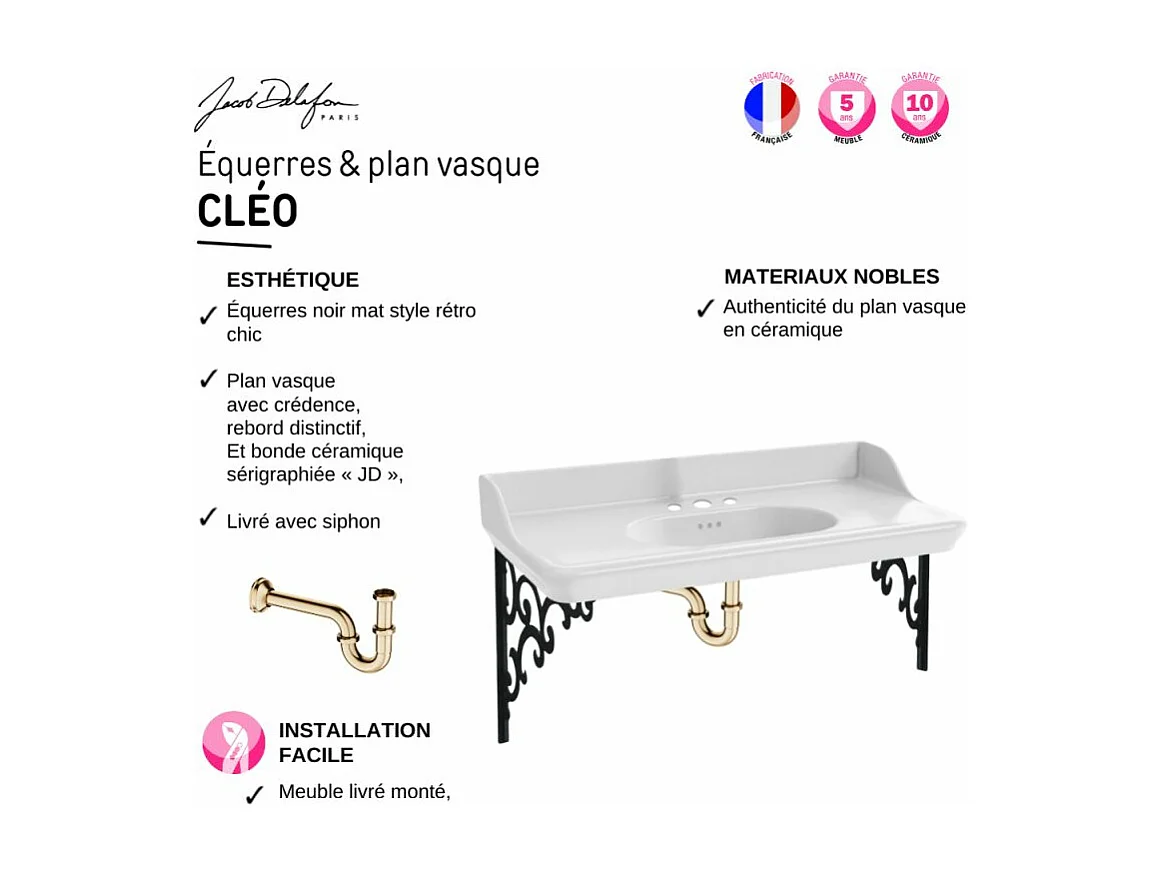 Pack plan vasque suspendu 3 trous JACOB DELAFON Cléo 1889 + miroir + colonne droite + siphon or