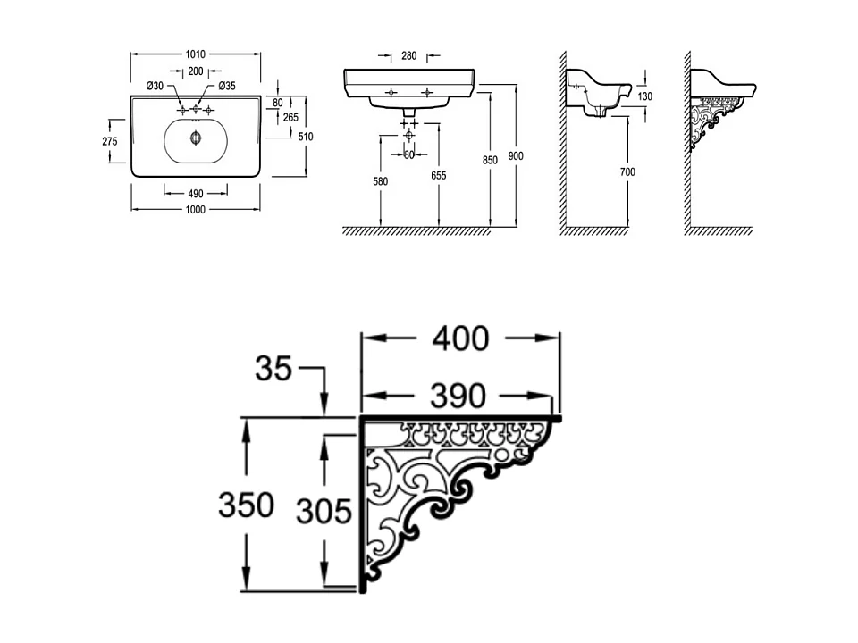 Pack plan vasque suspendu 3 trous JACOB DELAFON Cléo 1889 + miroir + colonne droite + siphon or
