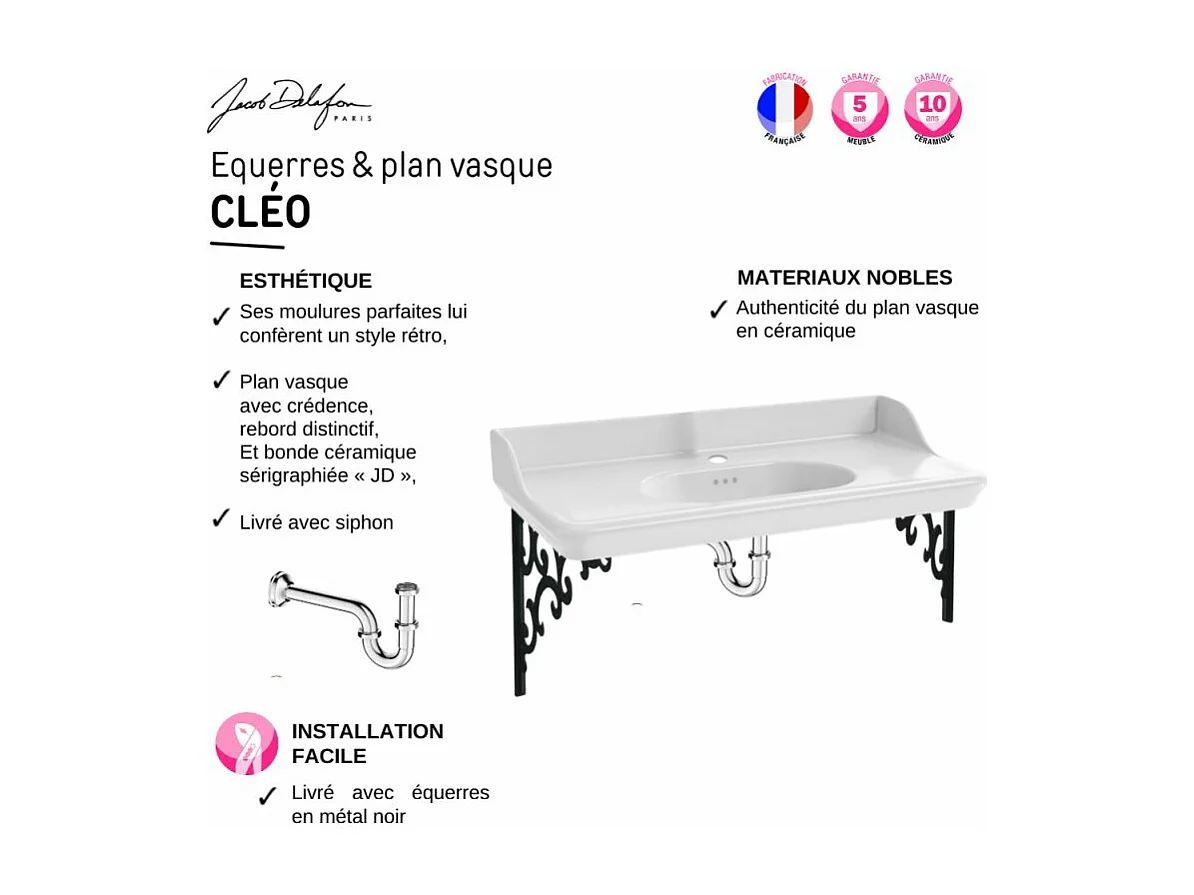 Pack plan vasque suspendu JACOB DELAFON Cléo 1889 + siphon chromé