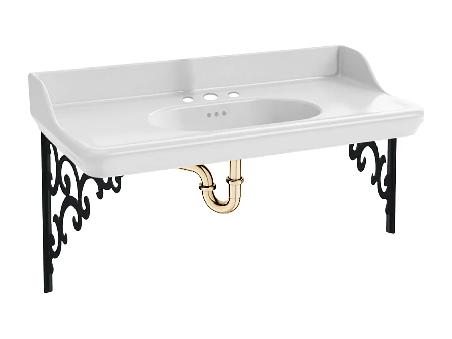 Plan vasque suspendu 3 trous JACOB DELAFON Cléo 1889 avec équerres métal noir + siphon or