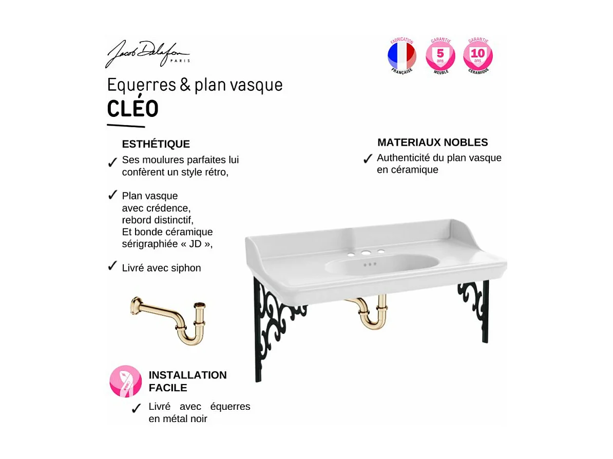 Plan vasque suspendu 3 trous JACOB DELAFON Cléo 1889 avec équerres métal noir + siphon or