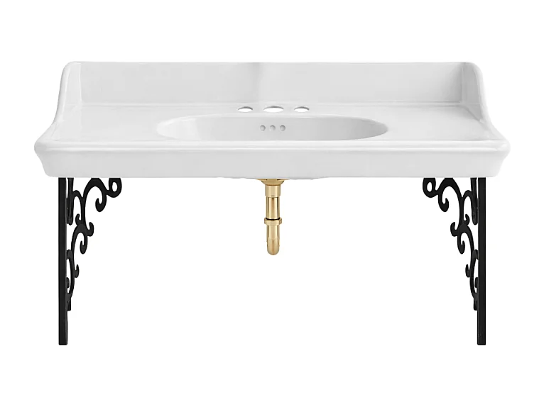 Plan vasque suspendu 3 trous JACOB DELAFON Cléo 1889 avec équerres métal noir + siphon or