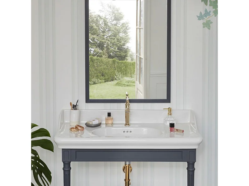 Console JACOB DELAFON Cléo 1889 avec plan vasque + miroir + colonne gauche + siphon or