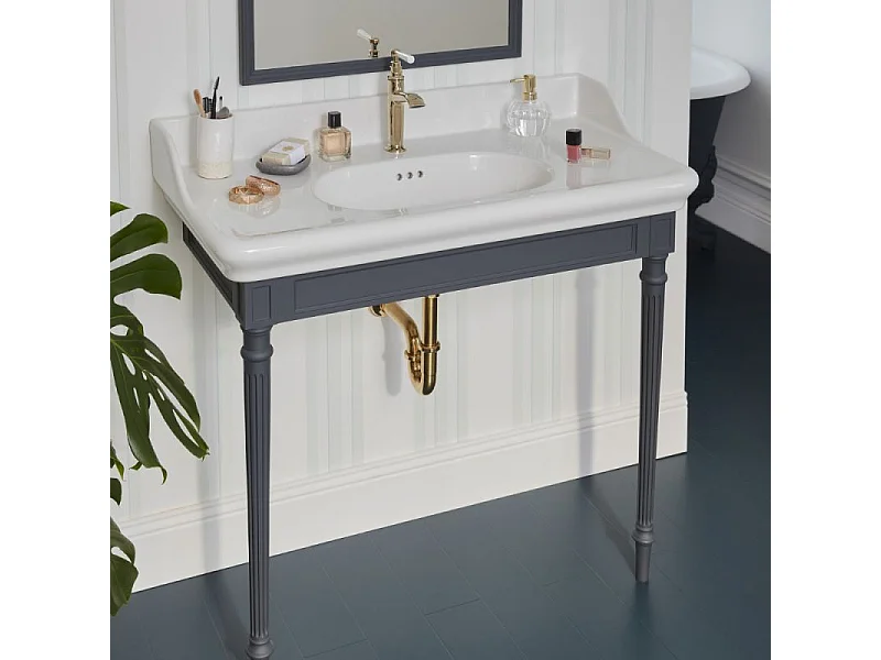 Console JACOB DELAFON Cléo 1889 avec plan vasque + miroir + colonne gauche + siphon or