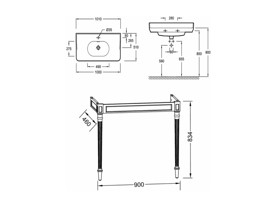 Console JACOB DELAFON Cléo 1889 avec plan vasque + miroir + colonne gauche + siphon or